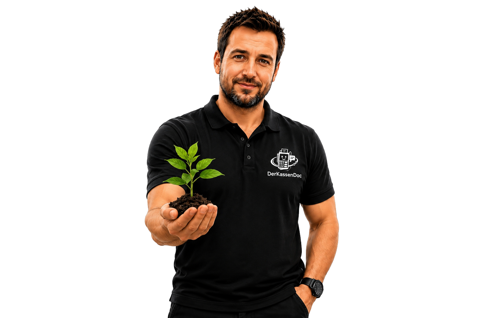 Tobi hält einen Setzling in der Hand (KI-generiertes Bild)